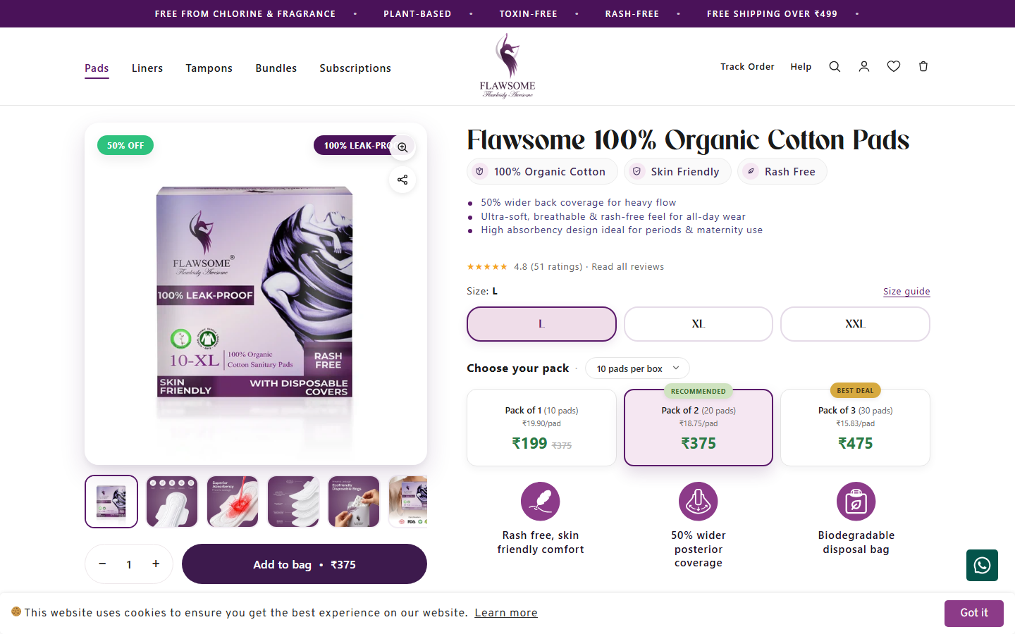 Flawsome PDP after redesign — branded purple identity with bundle pricing, ratings, and feature chips