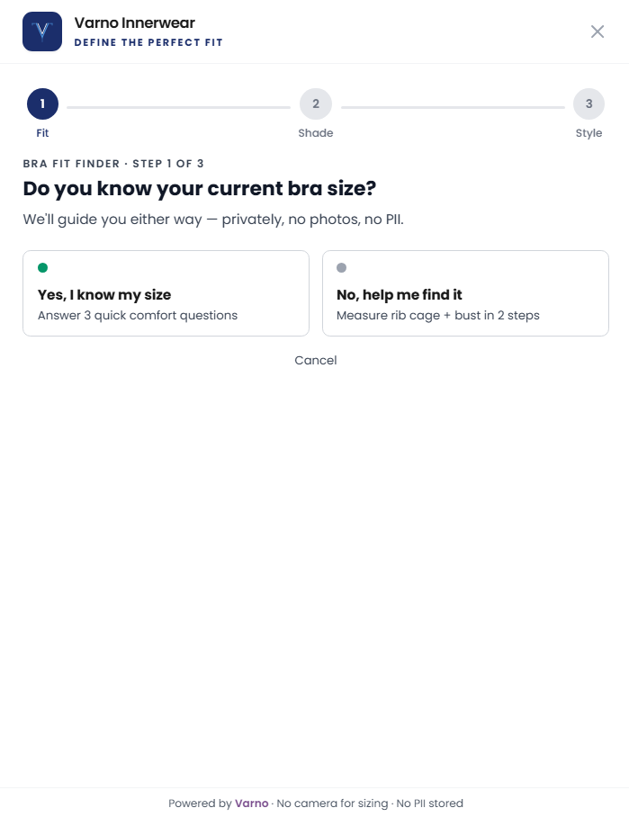 Varno bra fit finder on a product page